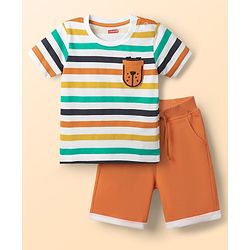 Babyhug Single Jersey Knit Half Sleeves T-Shirt & Shorts Set With Stripes & Animal Patch - Rust Orange