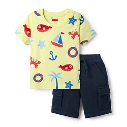 Babyhug Single Jersey Knit Half Sleeves T-Shirt & Shorts Set with Nautical Theme Print - Yellow & Navy Blue