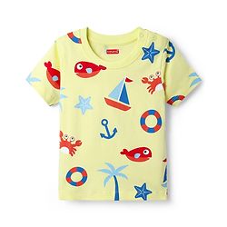 Babyhug Single Jersey Knit Half Sleeves T-Shirt & Shorts Set with Nautical Theme Print - Yellow & Navy Blue