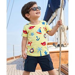 Babyhug Single Jersey Knit Half Sleeves T-Shirt & Shorts Set with Nautical Theme Print - Yellow & Navy Blue