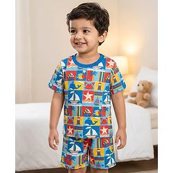 Babyhug Cotton Knit Half Sleeves Co-ords Shorts Night Suit with Nautical Theme Print - Blue