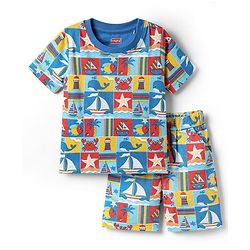 Babyhug Cotton Knit Half Sleeves Co-ords Shorts Night Suit with Nautical Theme Print - Blue