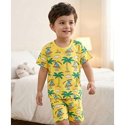 Babyhug Cotton Knit Half Sleeves Co-ords Shorts Night Suit With Beach Theme Print - Yellow