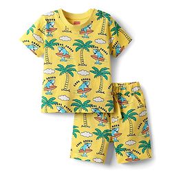 Babyhug Cotton Knit Half Sleeves Co-ords Shorts Night Suit With Beach Theme Print - Yellow