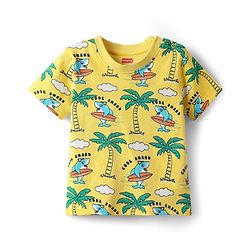 Babyhug Cotton Knit Half Sleeves Co-ords Shorts Night Suit With Beach Theme Print - Yellow
