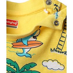 Babyhug Cotton Knit Half Sleeves Co-ords Shorts Night Suit With Beach Theme Print - Yellow