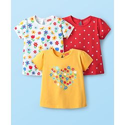 Babyhug 100% Cotton Knit Half Sleeves T-Shirts with Floral & Polka Dots Print Pack of 3 - Red Yellow & White