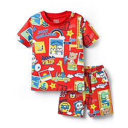 Babyhug Cotton Knit Half Sleeves Co-ords Shorts Night Suit With Animals Print - Red