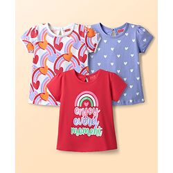 Babyhug 100% Cotton Knit Half Sleeves T-Shirt with Heart & Rainbow Print Pack of 3 - Red White & Lavender