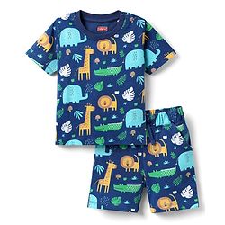 Babyhug Cotton Knit Half Sleeves Co-ords Shorts Night Suit with Jungle Theme Print - Navy Blue