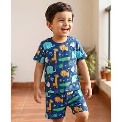 Babyhug Cotton Knit Half Sleeves Co-ords Shorts Night Suit with Jungle Theme Print - Navy Blue