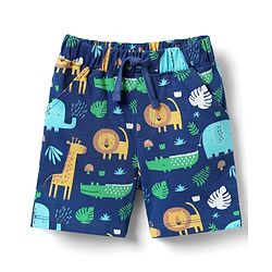 Babyhug Cotton Knit Half Sleeves Co-ords Shorts Night Suit with Jungle Theme Print - Navy Blue