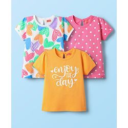 Babyhug 100% Cotton Knit Half Sleeves T-Shirts With Polka Dots Heart & Enjoy The Day Text Print Pack of 3 - Pink & White