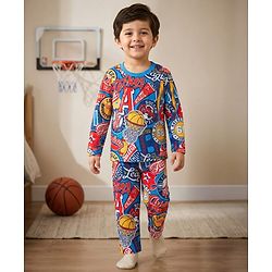 Babyhug Cotton Knit Full Sleeves Co-ords Night Suit With Basket Ball Print - Multicolour