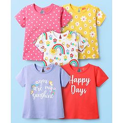 Babyhug 100% Cotton Knit Half Sleeves T-Shirts With Polka Dots & Floral Print Pack Of 5 - Pink Yellow & White