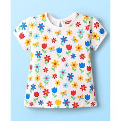 Babyhug 100% Cotton Knit Half Sleeves T-Shirt with Floral Print - White