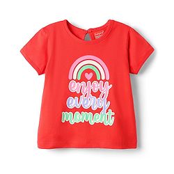 Babyhug 100% Cotton Knit Half Sleeves T-Shirt with Text & Rainbow Print - Red