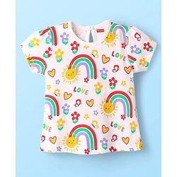Babyhug 100% Cotton Knit Half Sleeves T-Shirt with Rainbow Print - White