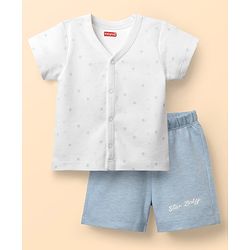 Babyhug Single Jersey Knit Half Sleeves Front Open T-Shirt & Shorts Set With Star Print - Light Blue
