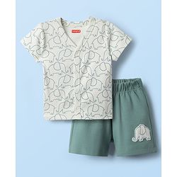 Babyhug Interlock Knit Half Sleeves Front Open T-Shirts & Shorts Sets with Elephant Print - Teal Blue