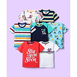 Babyhug 100% Cotton Knit Half Sleeves T-Shirts with Beach Theme Print & Stripes Pack of 7 - Multicolor