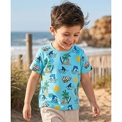 Babyhug 100% Cotton Knit Half Sleeves Beach Theme Printed T-Shirt - Light Blue
