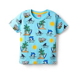 Babyhug 100% Cotton Knit Half Sleeves Beach Theme Printed T-Shirt - Light Blue