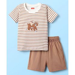 Babyhug Interlock Knit Half Sleeves Striped T-Shirt & Shorts Set With Animal Patch - Brown