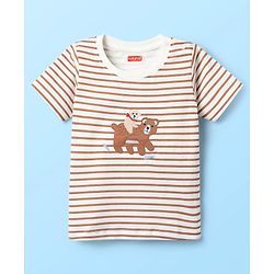 Babyhug Interlock Knit Half Sleeves Striped T-Shirt & Shorts Set With Animal Patch - Brown