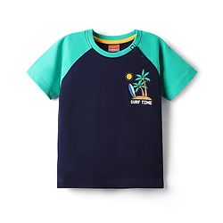 Babyhug 100% Cotton Knit Half Raglan Sleeves T-Shirt with Beach Theme Print - Navy Blue