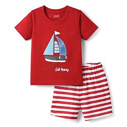 Babyhug Interlock Knit Half Sleeves T-Shirt & Shorts Set With Stripes & Nautical Theme Print - Red & White