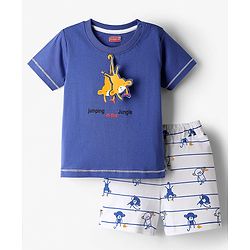 Babyhug Interlock Knit Half Sleeves T-Shirt & Shorts Set with Stripes & Animal Applique - Blue
