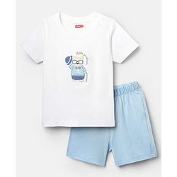 Babyhug Interlock Knit Half Sleeves T-Shirt & Shorts Set with Bear Embroidery - Light Blue & White