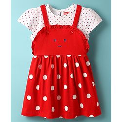 Babyhug Cotton Knit Frock & Cap Sleeves Inner Tee With Polka Dot Print - Red & White