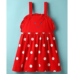 Babyhug Cotton Knit Frock & Cap Sleeves Inner Tee With Polka Dot Print - Red & White