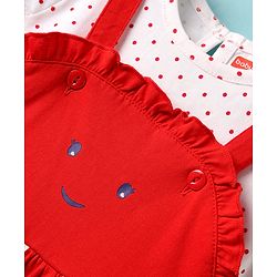 Babyhug Cotton Knit Frock & Cap Sleeves Inner Tee With Polka Dot Print - Red & White