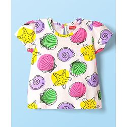 Babyhug Cotton Woven Frock & Half Sleeves Inner Tee With Sea Animals Print - Purple & White