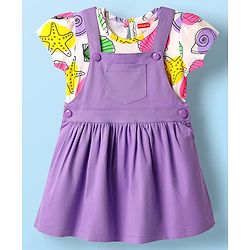 Babyhug Cotton Woven Frock & Half Sleeves Inner Tee With Sea Animals Print - Purple & White