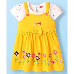 Babyhug Cotton Knit Floral Embroidered Frock & Half Sleeves Inner Tee With Polka Dot Print & Bow Applique - Yellow & White