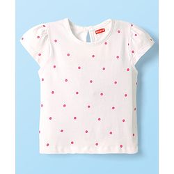 Babyhug Cotton Knit Floral Embroidered Frock & Half Sleeves Inner Tee With Polka Dot Print & Bow Applique - Yellow & White