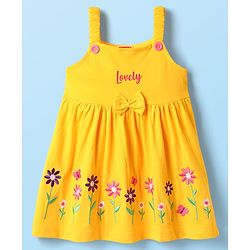 Babyhug Cotton Knit Floral Embroidered Frock & Half Sleeves Inner Tee With Polka Dot Print & Bow Applique - Yellow & White