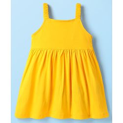 Babyhug Cotton Knit Floral Embroidered Frock & Half Sleeves Inner Tee With Polka Dot Print & Bow Applique - Yellow & White