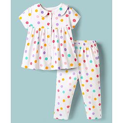 Babyhug Cotton Knit Half Sleeves Front Open Co-ords Night Suit with Polka Dots - White