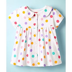 Babyhug Cotton Knit Half Sleeves Front Open Co-ords Night Suit with Polka Dots - White