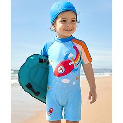 Babyhug Half Raglan Sleeves Legged Swimsuit With Rocket Print & Cap - Light Blue