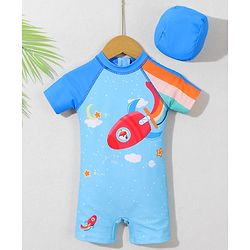 Babyhug Half Raglan Sleeves Legged Swimsuit With Rocket Print & Cap - Light Blue