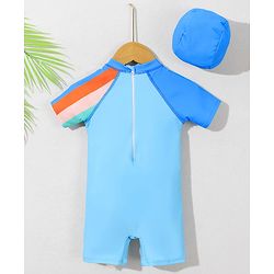 Babyhug Half Raglan Sleeves Legged Swimsuit With Rocket Print & Cap - Light Blue