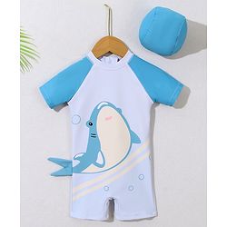 Babyhug Half Raglan Sleeves Legged Swimsuit With Shark Print & Cap - Light Blue