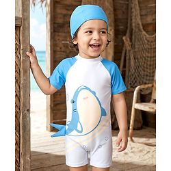 Babyhug Half Raglan Sleeves Legged Swimsuit With Shark Print & Cap - Light Blue