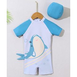 Babyhug Half Raglan Sleeves Legged Swimsuit With Shark Print & Cap - Light Blue